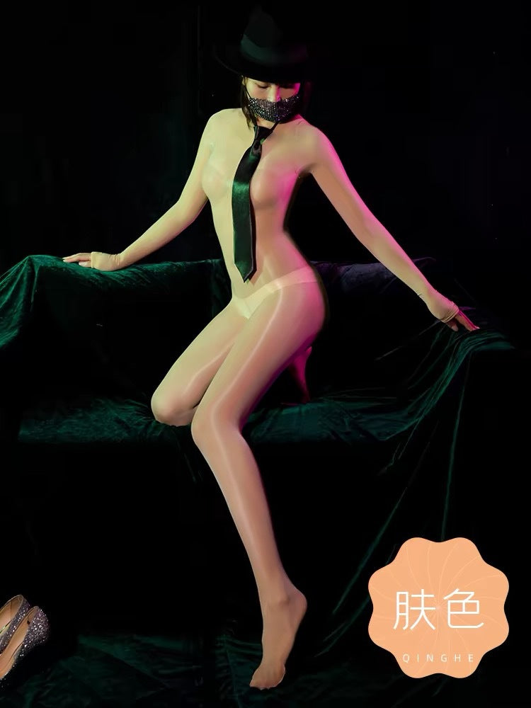 Horse Oil Bodysuit Sexy One-piece Stockings Black Silk Outer Seamless Oil Glossy Ultra-thin5D Mood Transvestite Full Body Stockings