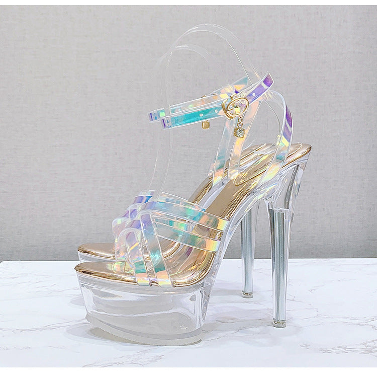 Korean Style Fashion Transparent Heel Crystal Heel Sweet Women's Shoes Summer Cross Strap Stiletto Sandals sissy