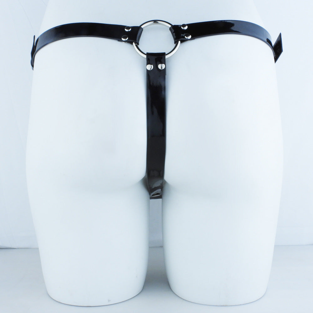 FRRK Black Shiny Leather Wearable Pants Chastity Lock Matching Leather Pants BDS Style M Code XL Adjustable Size Large Medium Small