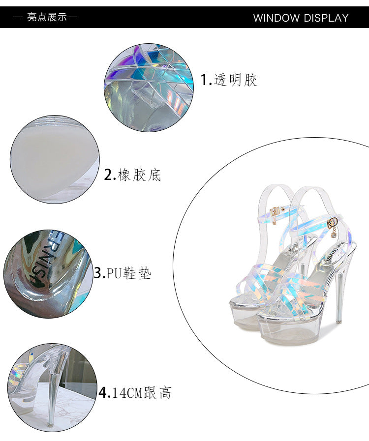 Korean Style Fashion Transparent Heel Crystal Heel Sweet Women's Shoes Summer Cross Strap Stiletto Sandals sissy