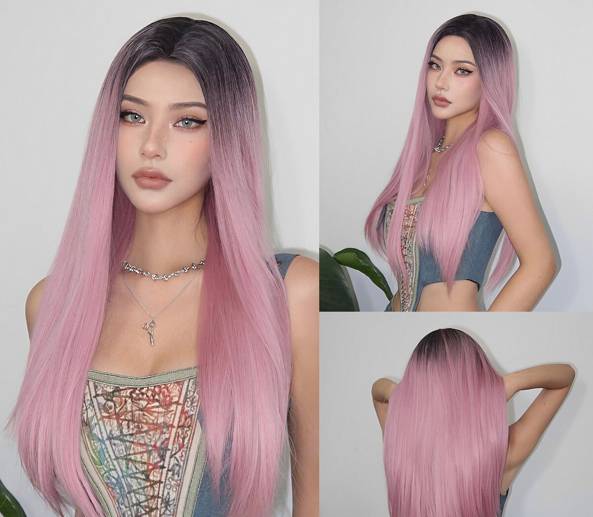 Wig for Women Hot Style Pink Dyed Black Long Straight Hair cos Suitable for Various Occasions Synthetic Wig