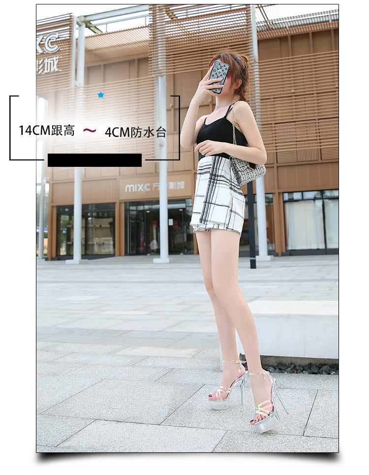 Korean Style Fashion Transparent Heel Crystal Heel Sweet Women's Shoes Summer Cross Strap Stiletto Sandals sissy