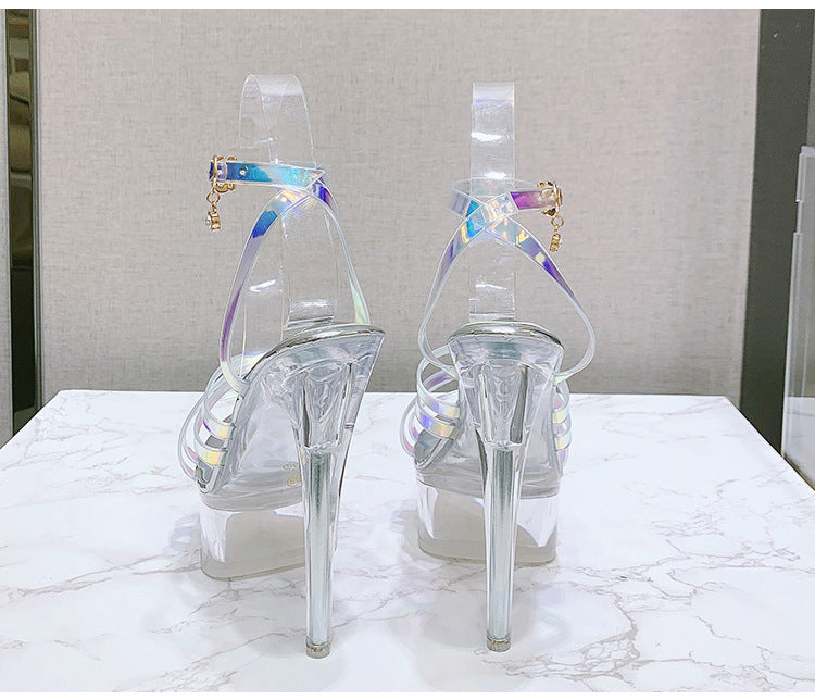 Korean Style Fashion Transparent Heel Crystal Heel Sweet Women's Shoes Summer Cross Strap Stiletto Sandals sissy