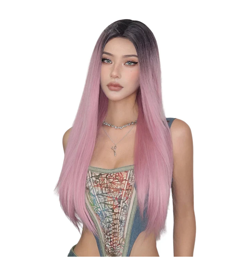 Wig for Women Hot Style Pink Dyed Black Long Straight Hair cos Suitable for Various Occasions Synthetic Wig