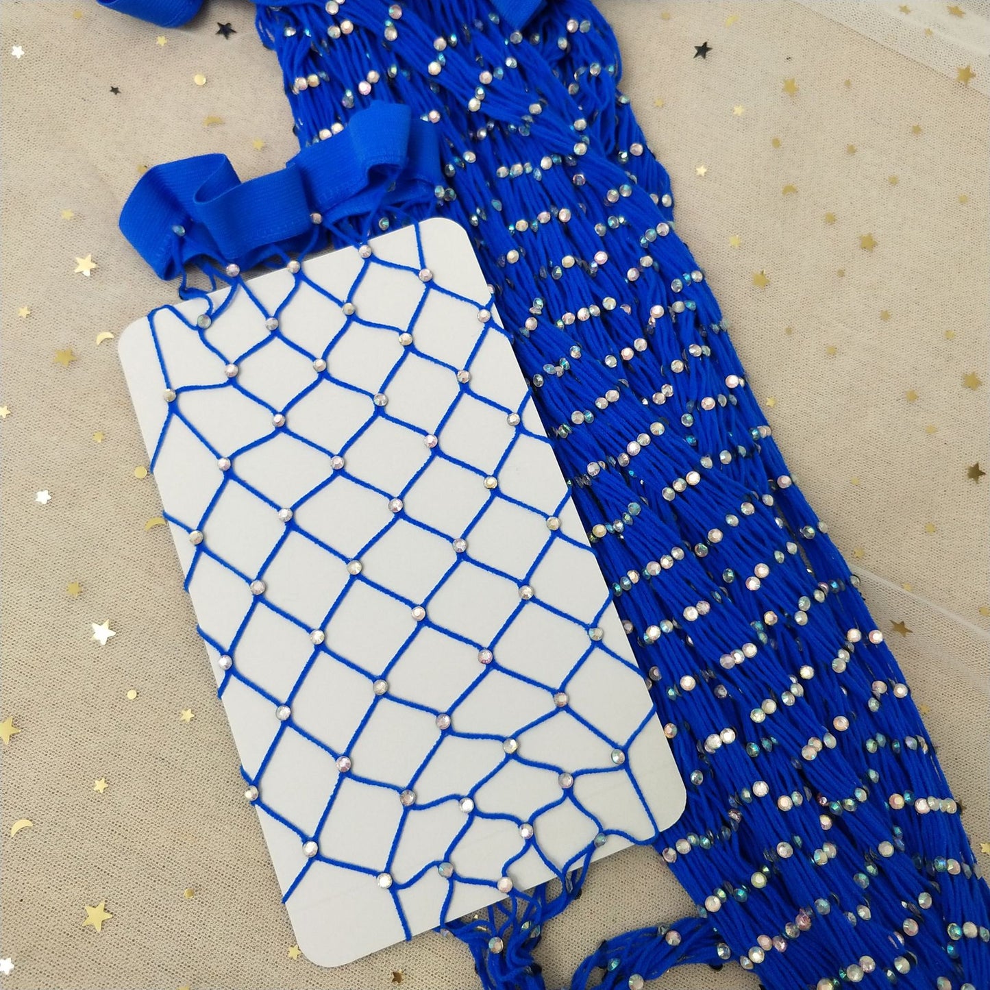 Rhinestone-embellished large-mesh fishnet stockings