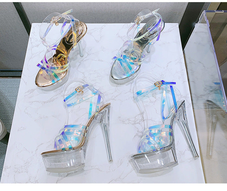 Korean Style Fashion Transparent Heel Crystal Heel Sweet Women's Shoes Summer Cross Strap Stiletto Sandals sissy