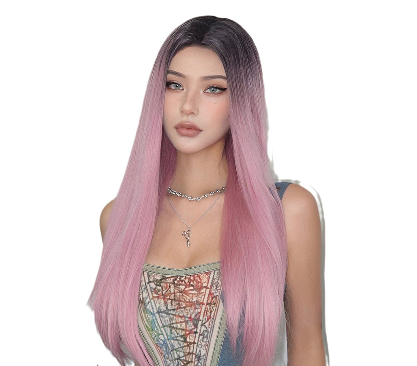Wig for Women Hot Style Pink Dyed Black Long Straight Hair cos Suitable for Various Occasions Synthetic Wig