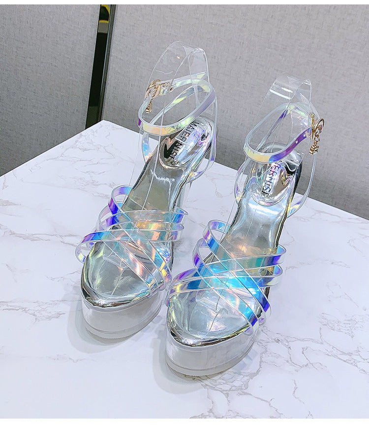 Korean Style Fashion Transparent Heel Crystal Heel Sweet Women's Shoes Summer Cross Strap Stiletto Sandals sissy