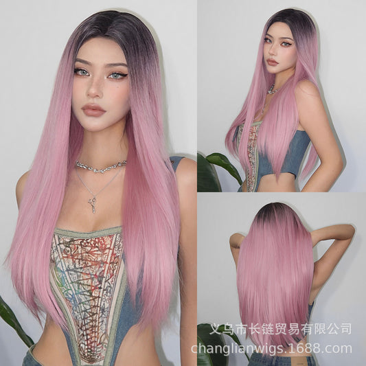 Wig for Women Hot Style Pink Dyed Black Long Straight Hair cos Suitable for Various Occasions Synthetic Wig