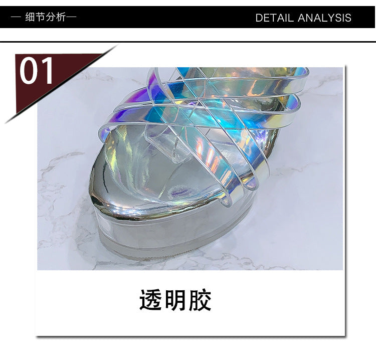 Korean Style Fashion Transparent Heel Crystal Heel Sweet Women's Shoes Summer Cross Strap Stiletto Sandals sissy