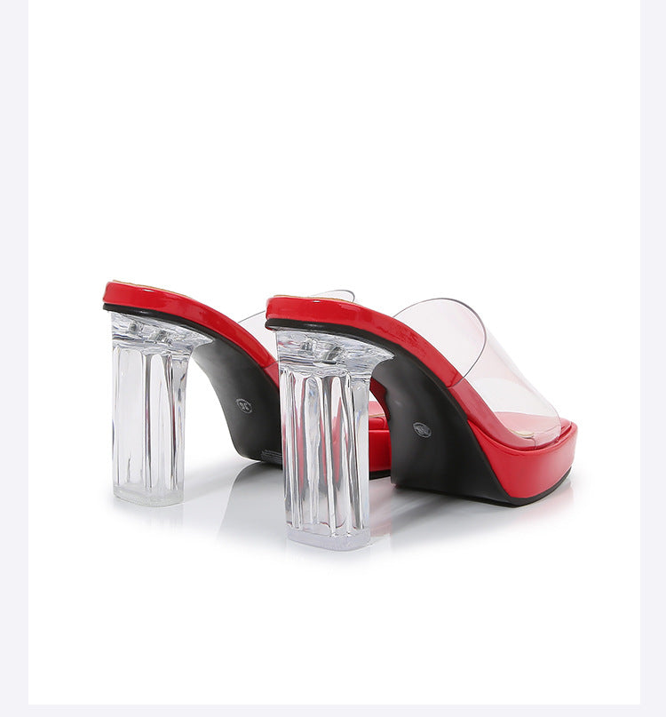 European and American plus Size CD Transvestite Chunky Heel Crystal Transparent Thin Heel Peep Toe Waterproof Platform High Heel Sandals for Outdoor Wear Versatile for Shopping
