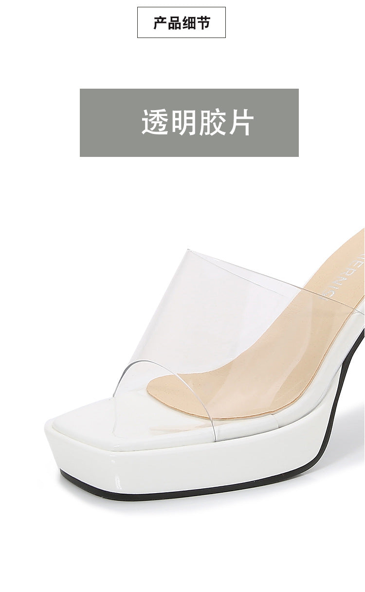 European and American plus Size CD Transvestite Chunky Heel Crystal Transparent Thin Heel Peep Toe Waterproof Platform High Heel Sandals for Outdoor Wear Versatile for Shopping