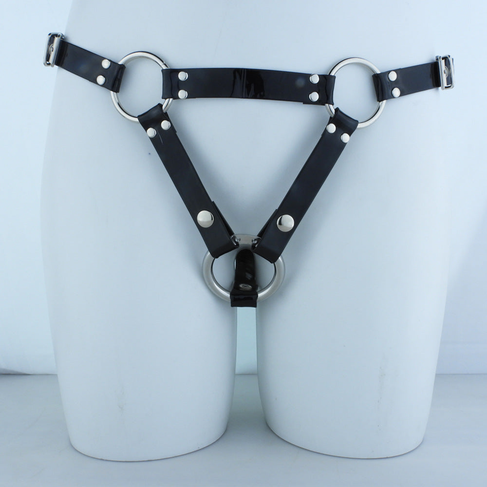 FRRK Black Shiny Leather Wearable Pants Chastity Lock Matching Leather Pants BDS Style M Code XL Adjustable Size Large Medium Small