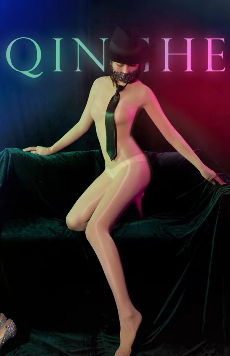Horse Oil Bodysuit Sexy One-piece Stockings Black Silk Outer Seamless Oil Glossy Ultra-thin5D Mood Transvestite Full Body Stockings