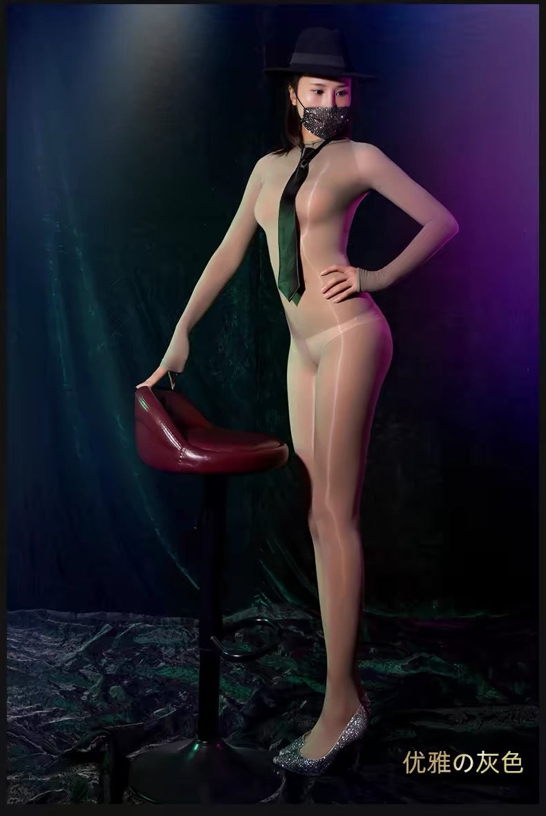 Horse Oil Bodysuit Sexy One-piece Stockings Black Silk Outer Seamless Oil Glossy Ultra-thin5D Mood Transvestite Full Body Stockings