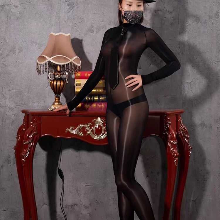 Horse Oil Bodysuit Sexy One-piece Stockings Black Silk Outer Seamless Oil Glossy Ultra-thin5D Mood Transvestite Full Body Stockings