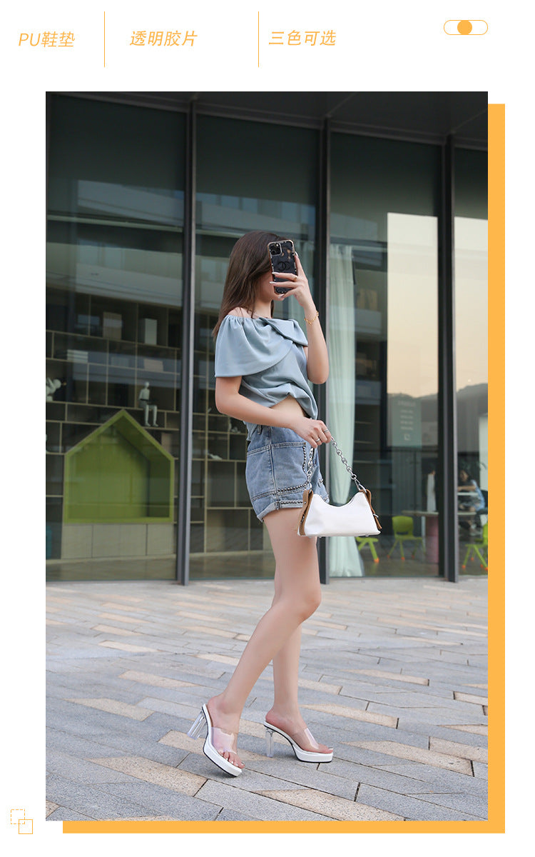 European and American plus Size CD Transvestite Chunky Heel Crystal Transparent Thin Heel Peep Toe Waterproof Platform High Heel Sandals for Outdoor Wear Versatile for Shopping