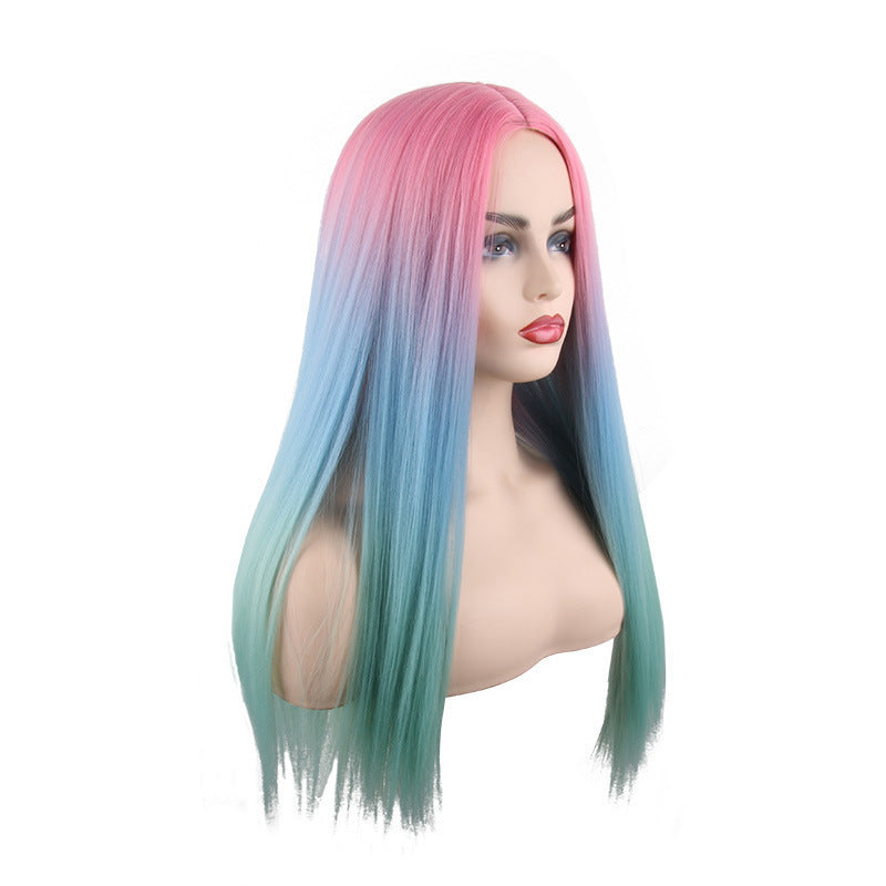 European and American Style Long Straight Wig Cross-border Long Straight Hair Color Block Long Hair Cross-border Sale of Hair Top Pieces