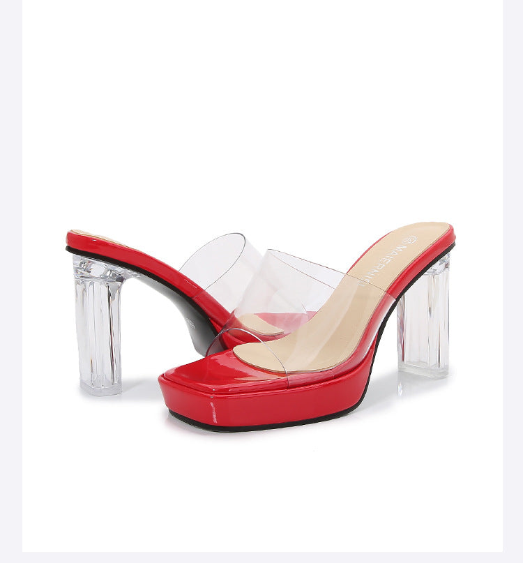 European and American plus Size CD Transvestite Chunky Heel Crystal Transparent Thin Heel Peep Toe Waterproof Platform High Heel Sandals for Outdoor Wear Versatile for Shopping