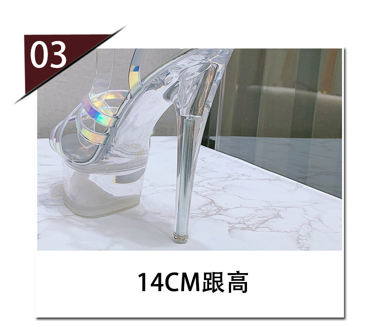 Korean Style Fashion Transparent Heel Crystal Heel Sweet Women's Shoes Summer Cross Strap Stiletto Sandals sissy