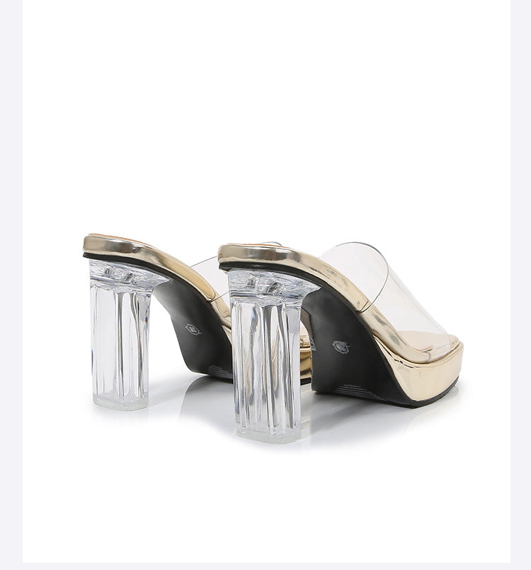 European and American plus Size CD Transvestite Chunky Heel Crystal Transparent Thin Heel Peep Toe Waterproof Platform High Heel Sandals for Outdoor Wear Versatile for Shopping