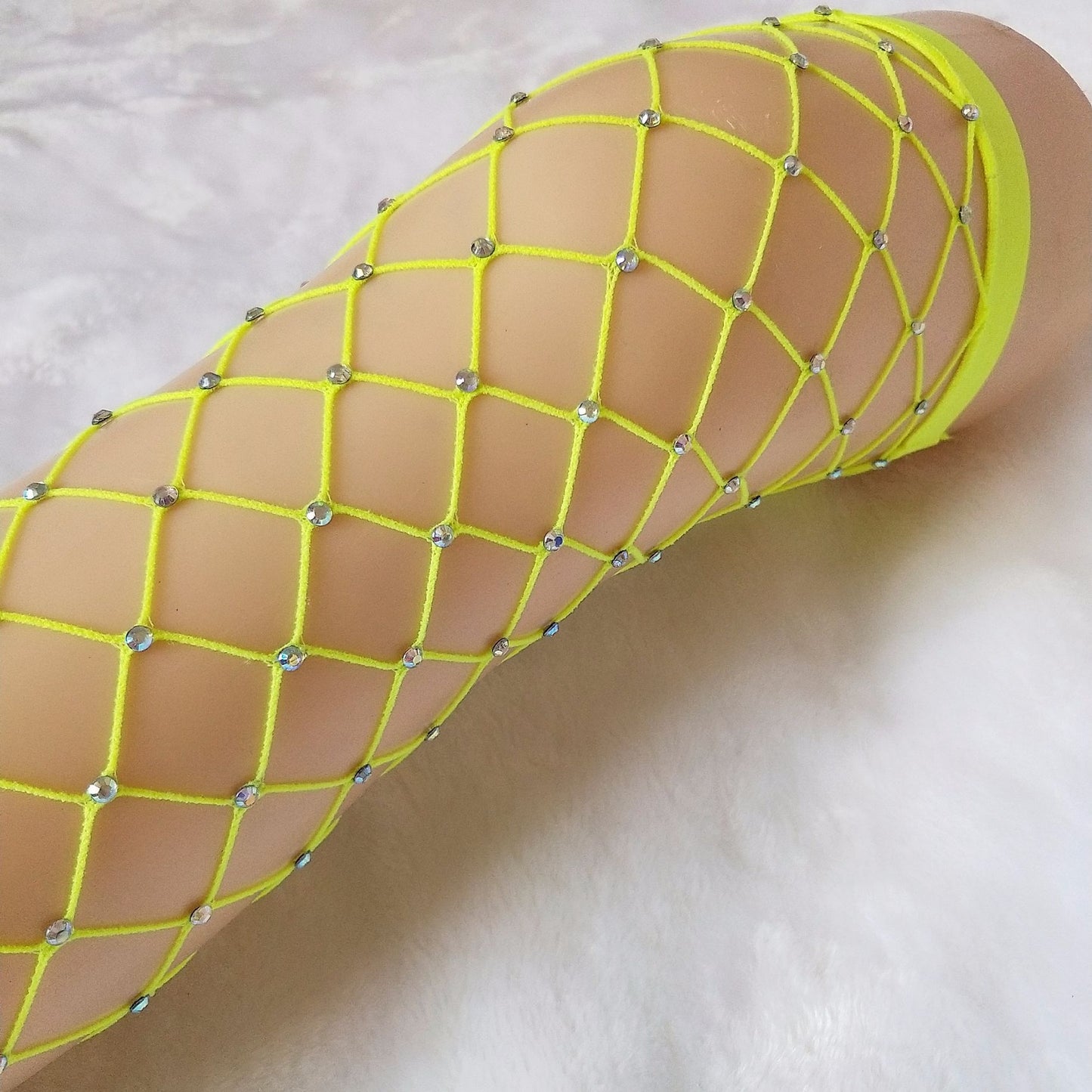 Rhinestone-embellished large-mesh fishnet stockings