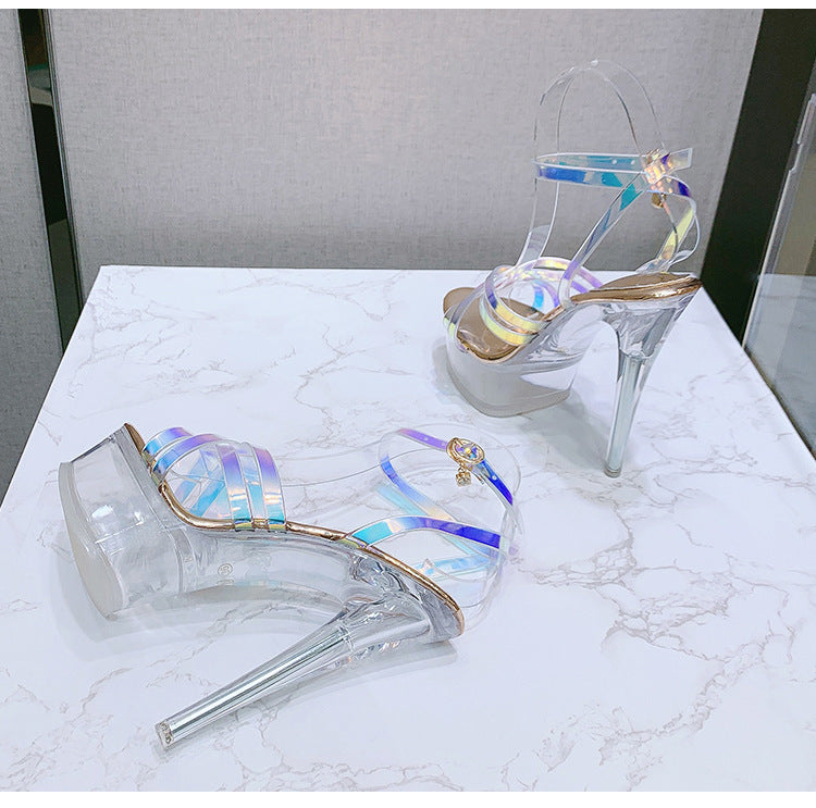 Korean Style Fashion Transparent Heel Crystal Heel Sweet Women's Shoes Summer Cross Strap Stiletto Sandals sissy