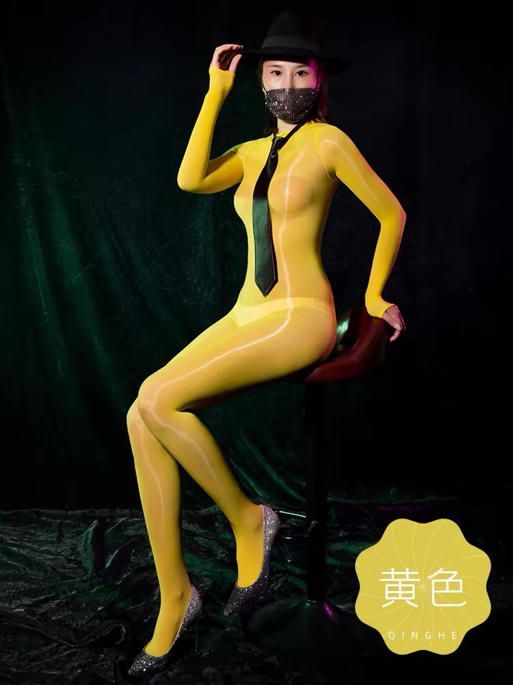 Horse Oil Bodysuit Sexy One-piece Stockings Black Silk Outer Seamless Oil Glossy Ultra-thin5D Mood Transvestite Full Body Stockings
