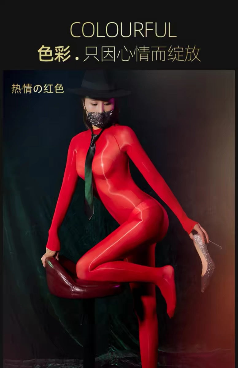 Horse Oil Bodysuit Sexy One-piece Stockings Black Silk Outer Seamless Oil Glossy Ultra-thin5D Mood Transvestite Full Body Stockings