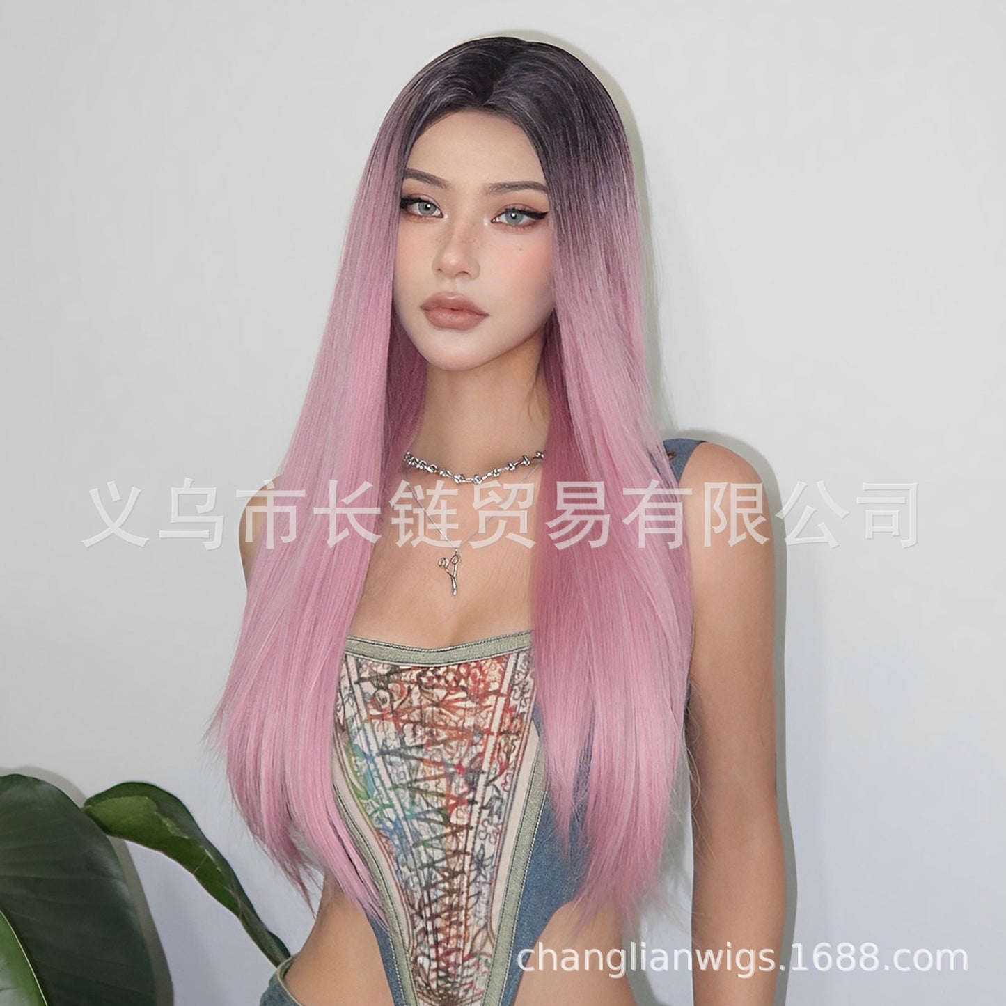 Wig for Women Hot Style Pink Dyed Black Long Straight Hair cos Suitable for Various Occasions Synthetic Wig