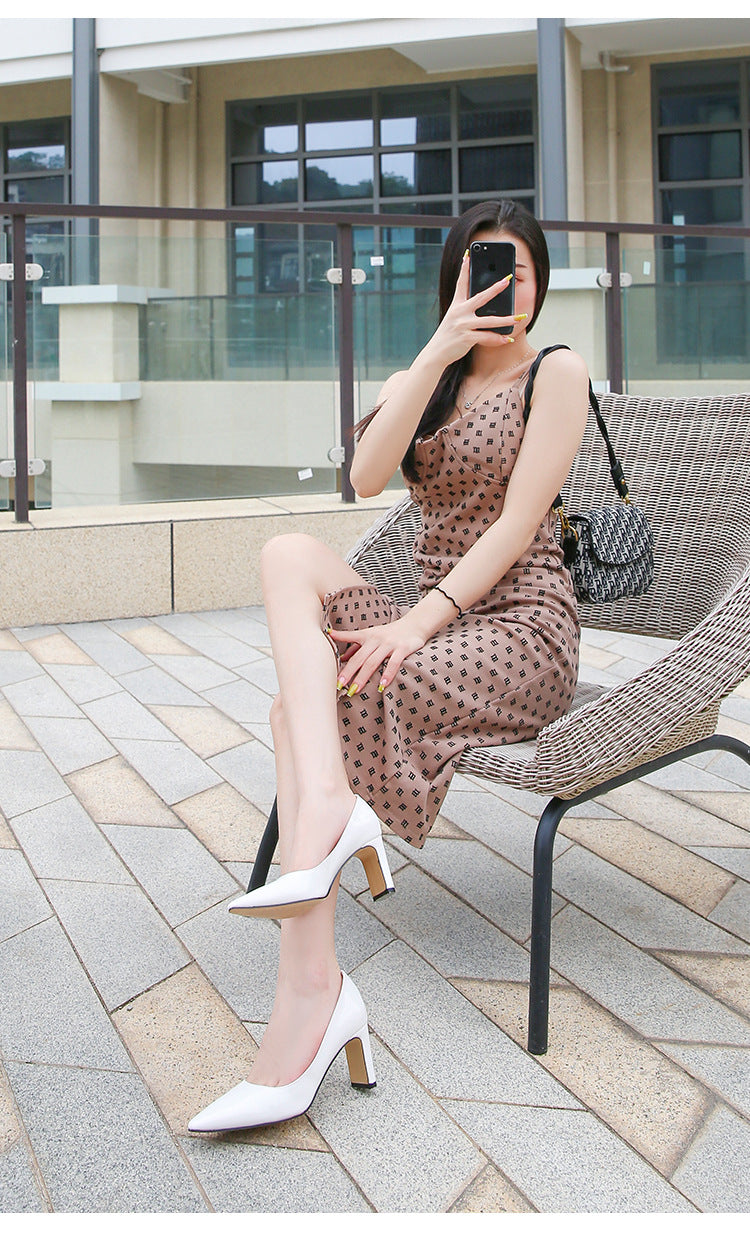 French Style Socialite Women's Single Shoes sissy Summer New Style Shallow Mouth Chunky Heel Women's Shoes High-End Elegant Versatile Mid-Heel Shoes