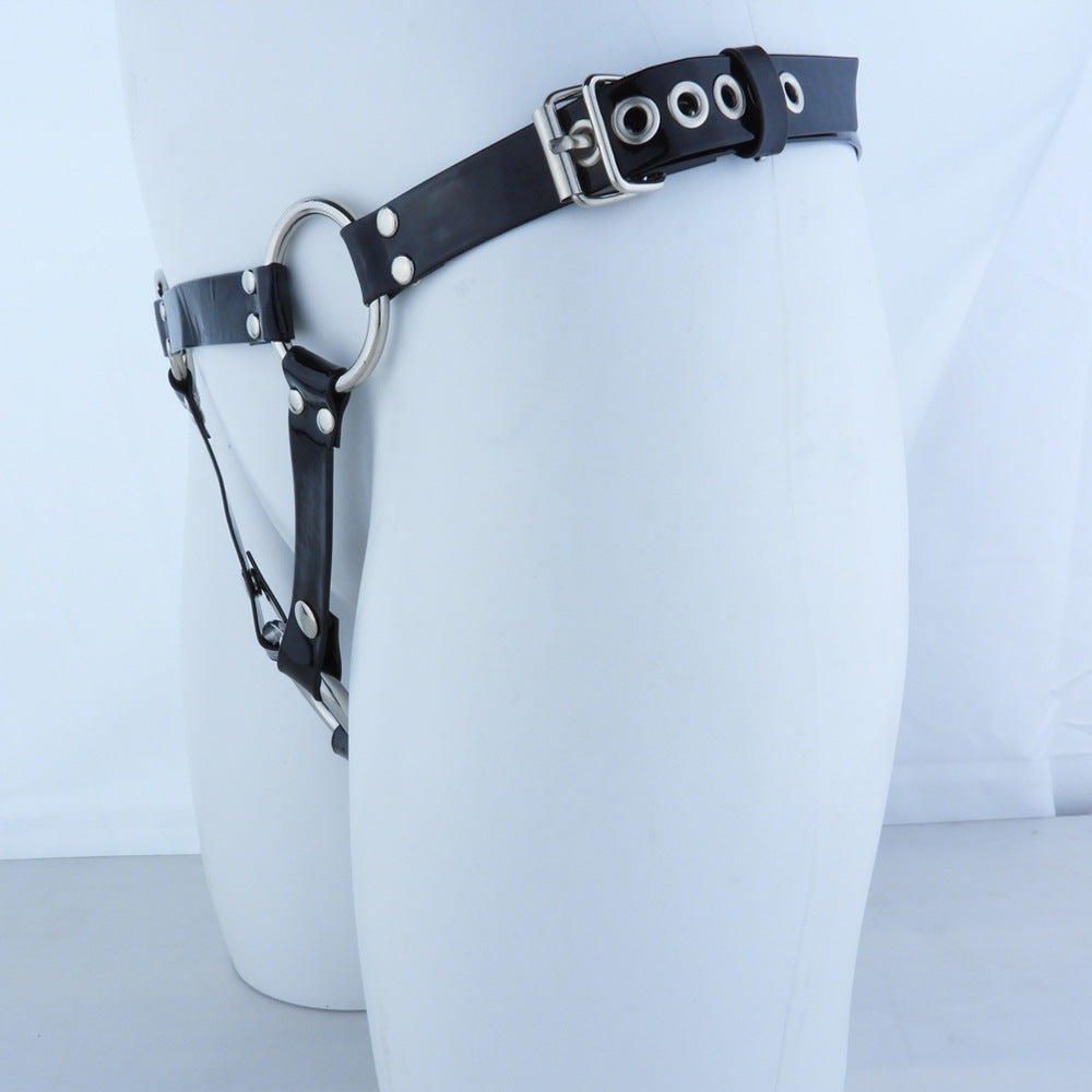 FRRK Black Shiny Leather Wearable Pants Chastity Lock Matching Leather Pants BDS Style M Code XL Adjustable Size Large Medium Small