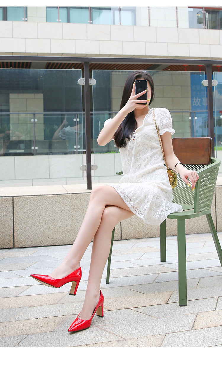 French Style Socialite Women's Single Shoes sissy Summer New Style Shallow Mouth Chunky Heel Women's Shoes High-End Elegant Versatile Mid-Heel Shoes
