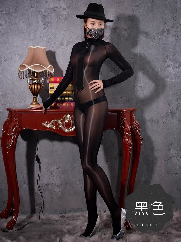 Horse Oil Bodysuit Sexy One-piece Stockings Black Silk Outer Seamless Oil Glossy Ultra-thin5D Mood Transvestite Full Body Stockings