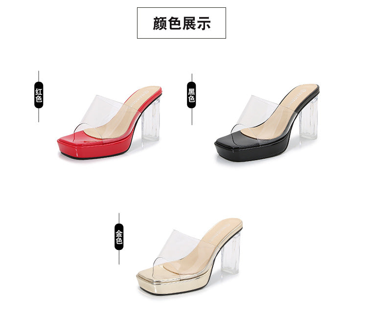 European and American plus Size CD Transvestite Chunky Heel Crystal Transparent Thin Heel Peep Toe Waterproof Platform High Heel Sandals for Outdoor Wear Versatile for Shopping