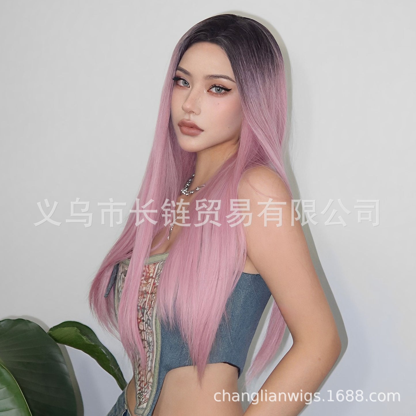 Wig for Women Hot Style Pink Dyed Black Long Straight Hair cos Suitable for Various Occasions Synthetic Wig