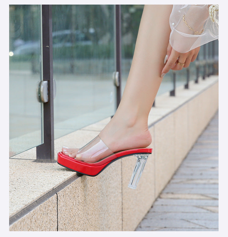 European and American plus Size CD Transvestite Chunky Heel Crystal Transparent Thin Heel Peep Toe Waterproof Platform High Heel Sandals for Outdoor Wear Versatile for Shopping