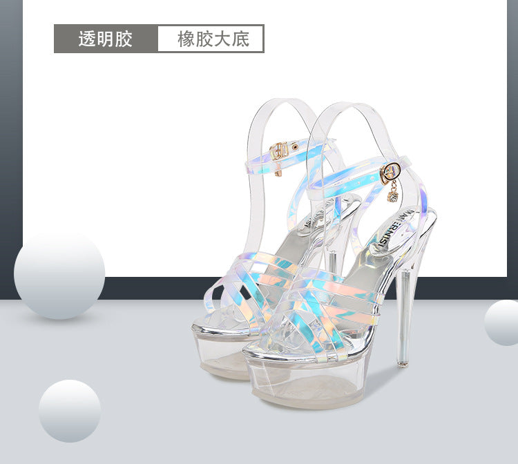 Korean Style Fashion Transparent Heel Crystal Heel Sweet Women's Shoes Summer Cross Strap Stiletto Sandals sissy