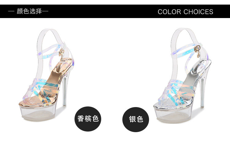 Korean Style Fashion Transparent Heel Crystal Heel Sweet Women's Shoes Summer Cross Strap Stiletto Sandals sissy