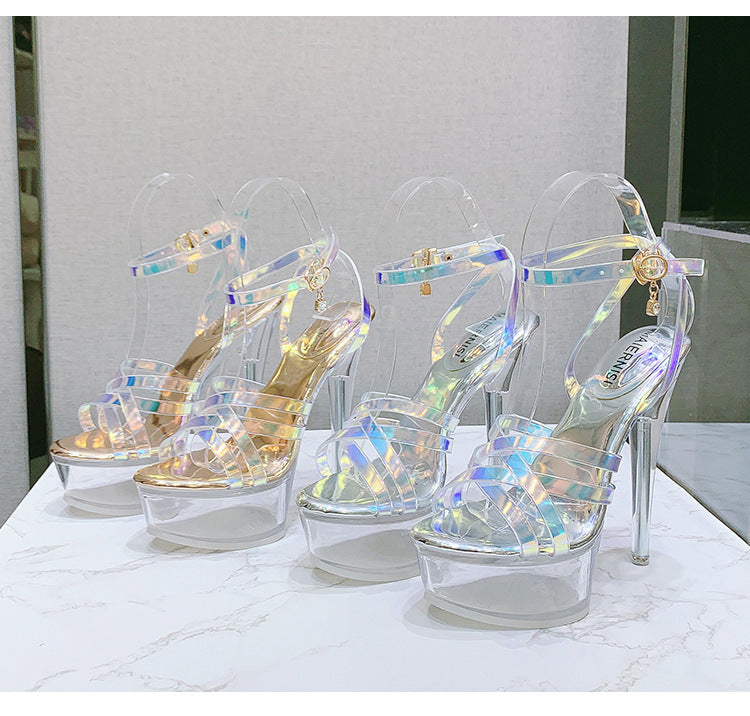 Korean Style Fashion Transparent Heel Crystal Heel Sweet Women's Shoes Summer Cross Strap Stiletto Sandals sissy