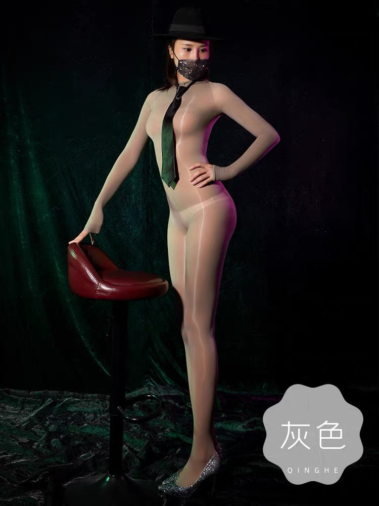 Horse Oil Bodysuit Sexy One-piece Stockings Black Silk Outer Seamless Oil Glossy Ultra-thin5D Mood Transvestite Full Body Stockings