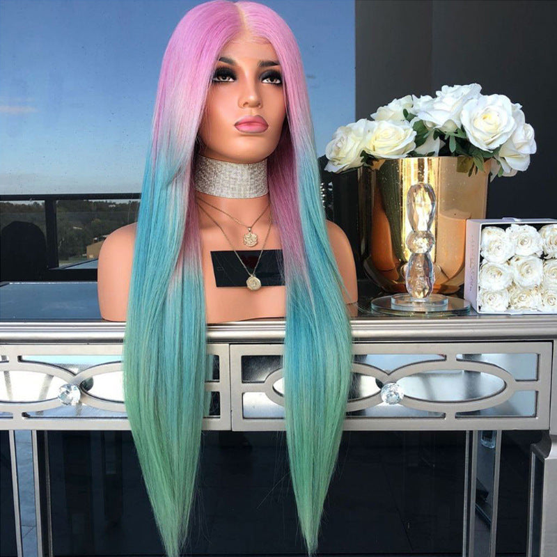 European and American Style Long Straight Wig Cross-border Long Straight Hair Color Block Long Hair Cross-border Sale of Hair Top Pieces