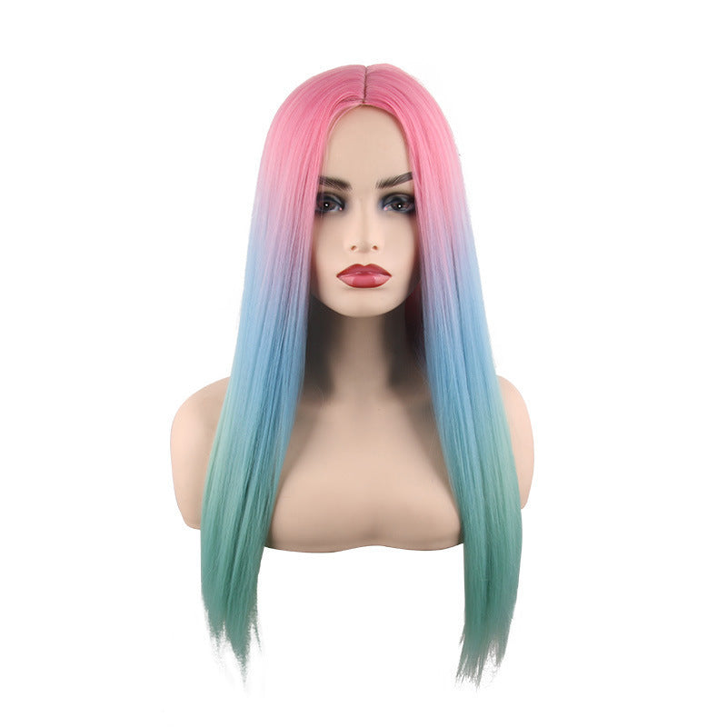 European and American Style Long Straight Wig Cross-border Long Straight Hair Color Block Long Hair Cross-border Sale of Hair Top Pieces