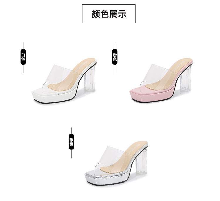 European and American plus Size CD Transvestite Chunky Heel Crystal Transparent Thin Heel Peep Toe Waterproof Platform High Heel Sandals for Outdoor Wear Versatile for Shopping