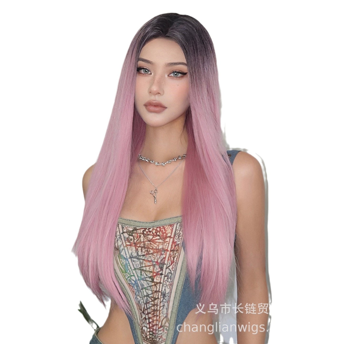 Wig for Women Hot Style Pink Dyed Black Long Straight Hair cos Suitable for Various Occasions Synthetic Wig