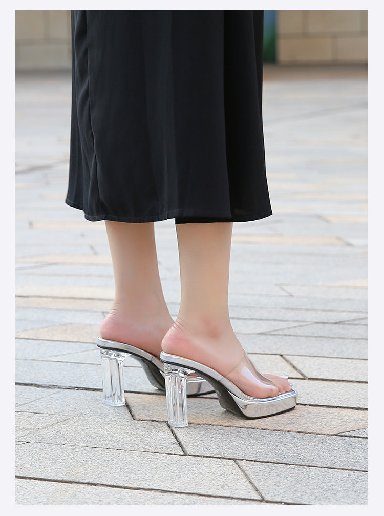 European and American plus Size CD Transvestite Chunky Heel Crystal Transparent Thin Heel Peep Toe Waterproof Platform High Heel Sandals for Outdoor Wear Versatile for Shopping