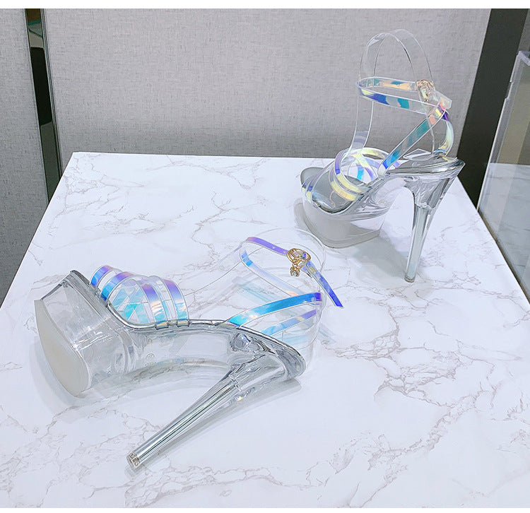 Korean Style Fashion Transparent Heel Crystal Heel Sweet Women's Shoes Summer Cross Strap Stiletto Sandals sissy