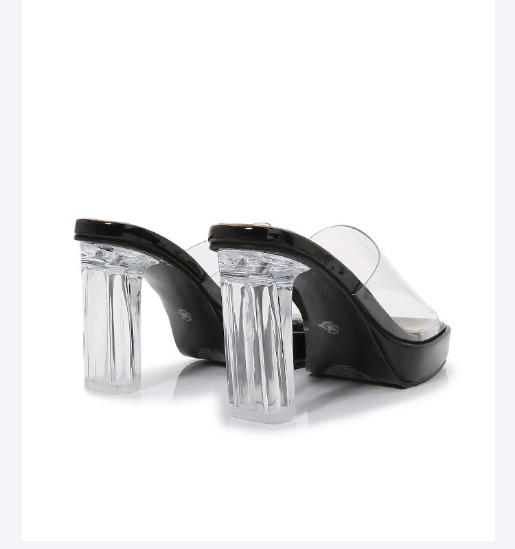 European and American plus Size CD Transvestite Chunky Heel Crystal Transparent Thin Heel Peep Toe Waterproof Platform High Heel Sandals for Outdoor Wear Versatile for Shopping