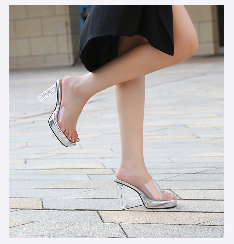 European and American plus Size CD Transvestite Chunky Heel Crystal Transparent Thin Heel Peep Toe Waterproof Platform High Heel Sandals for Outdoor Wear Versatile for Shopping