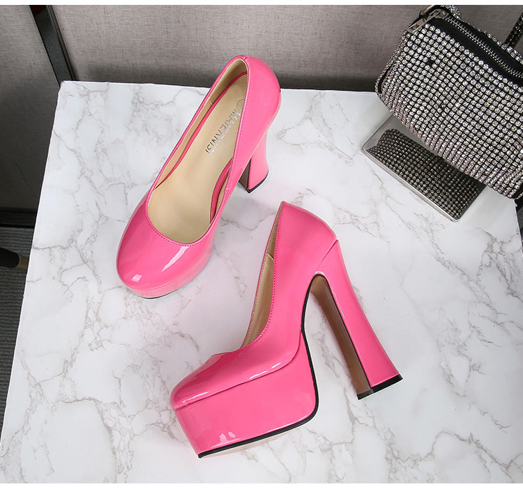 Car Model Cheongsam Catwalk sissy Women's Chunky Heel Thick Sole Waterproof Platform Round Toe Large Size French Retro Shallow Mouth Single Shoes Trendy
